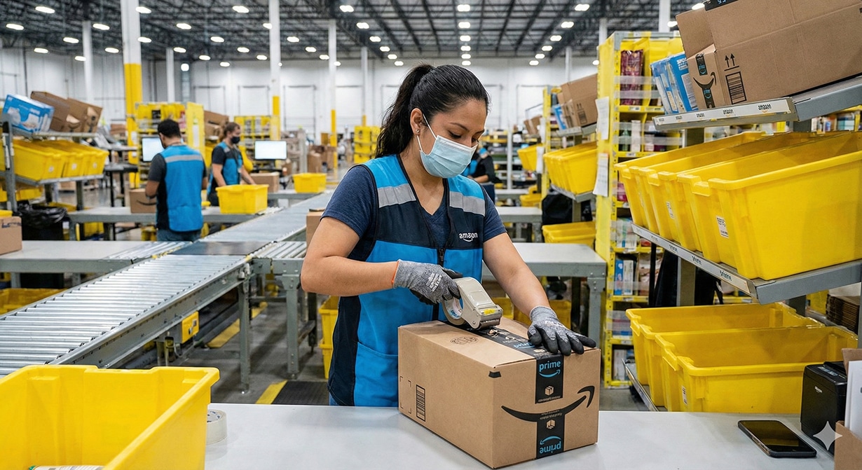 Amazon Employee Packing an Amazon Order Amazon Employee Packing an Amazon Order